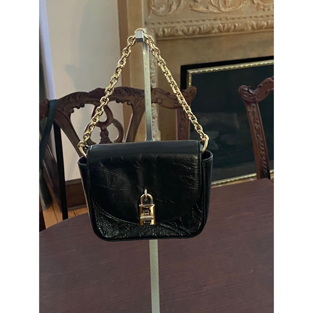 Rebecca Minkoff Black Crinkled Leather Mini Bag Gold Chain Turnlock Closure‎